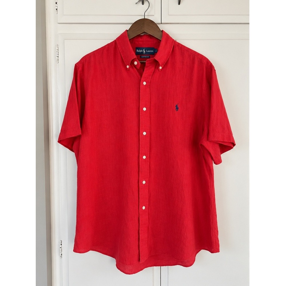 Polo Ralph Lauren Mens Red Linen Short Sleeve Button Down Shirt Custom Fit Large